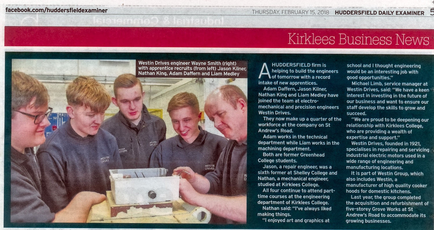 A local newspaper, the Huddersfield Examiner, features our story about recruiting four new apprentices.