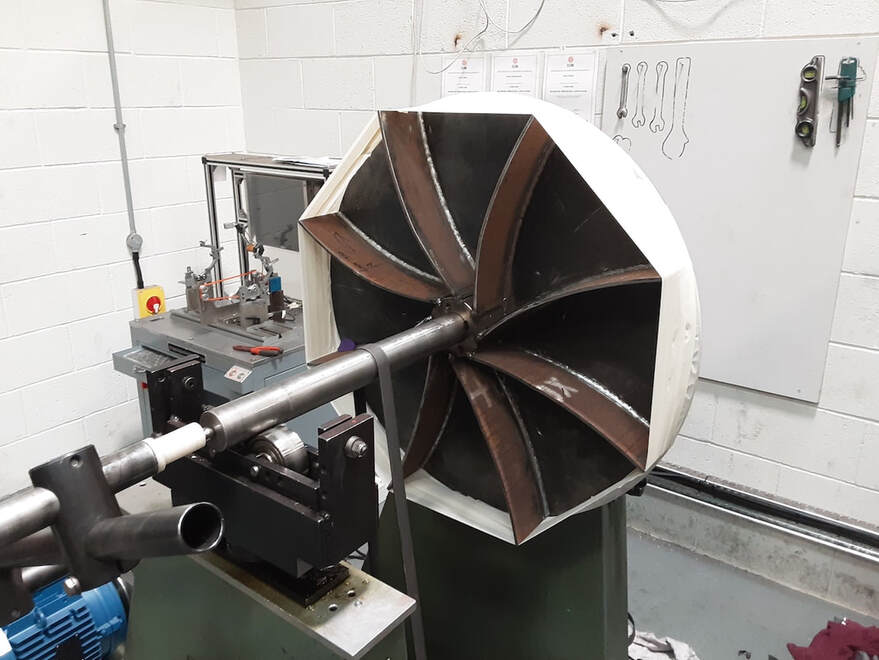 A fan impeller on a balancing machine at Westin Drives